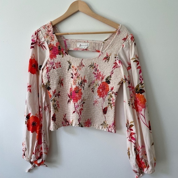 Anthropologie Floral Blouse Size XS/S Smocked Puff Long Sleeve Cotton - Picture 2 of 11